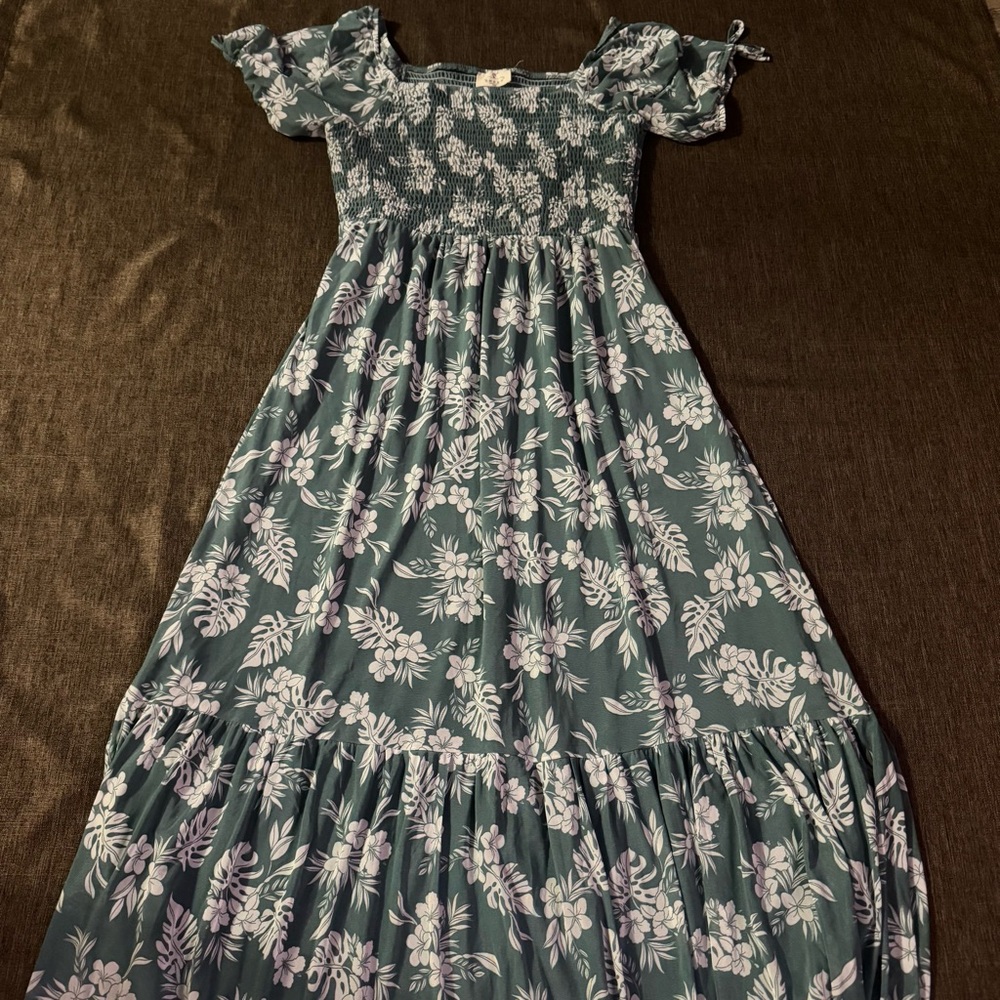 Ember Smocked Floral Maxi Dress in Teal and White